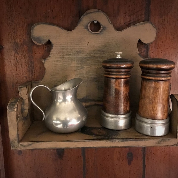 Colonial  Primitive Scallop Top Shelf  - mustard - wax finish   =   Width 13  1/2" x  Height 11 1/4" x  Depth 5 1/2"