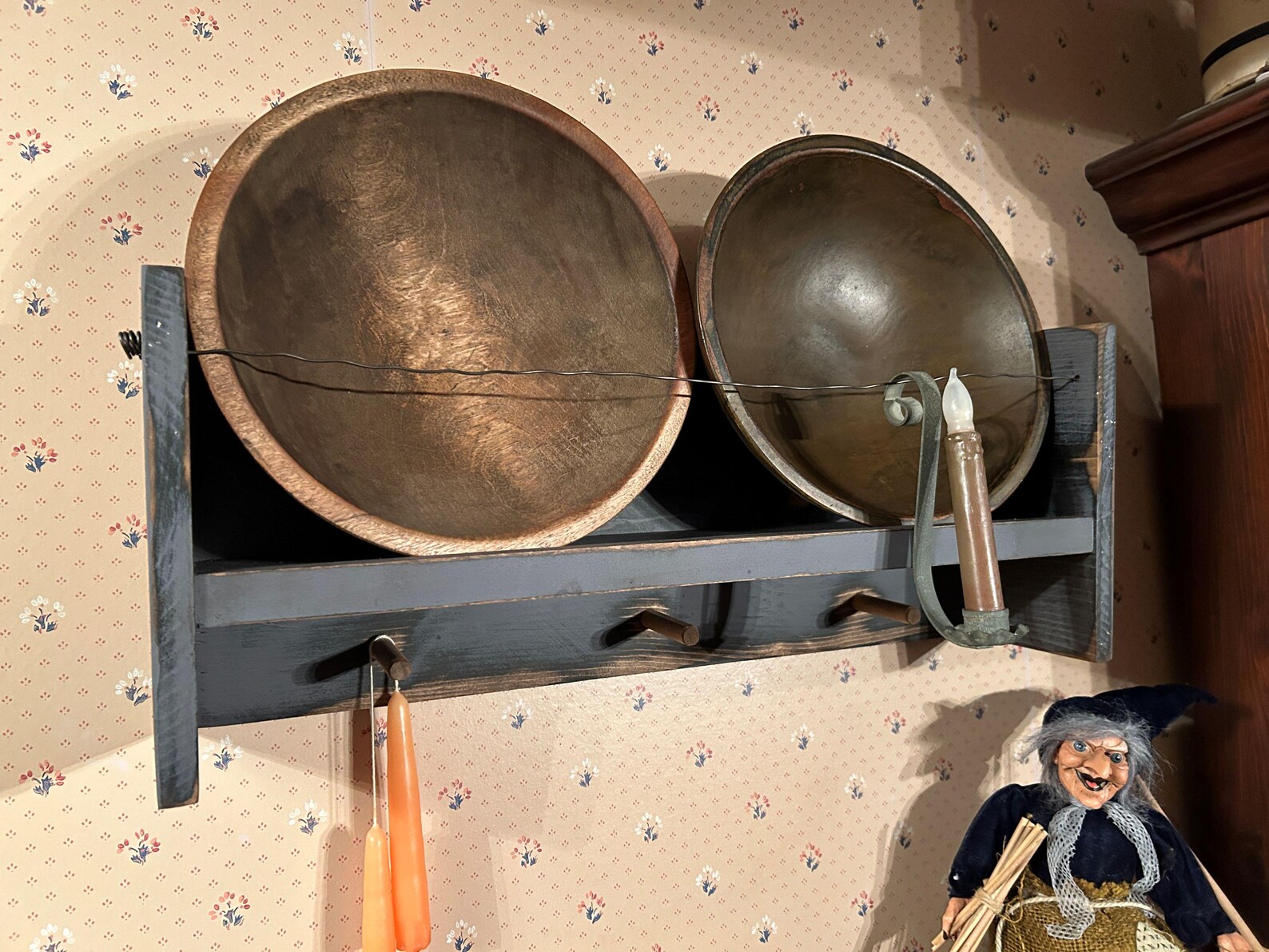 Colonial Wood Bowl Rack Wall Shelf Primitive With Square Nail Pegs ...