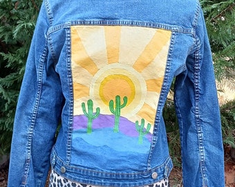 Handpainted Cactus Sunrise Denim Jean Jacket XL