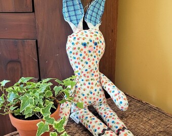 Handmade Patchy Rabbit Stuffed Bunny, Plush Rabbit, Baby Gift, Stuffed Animal, Vintage Stuffed Rabbit, Nursery Decor