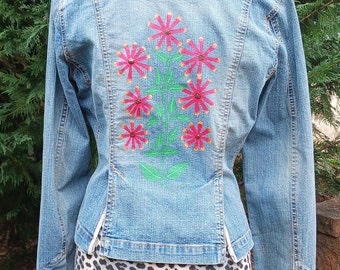 Handpainted Floral Denim Jean Jacket Women's L