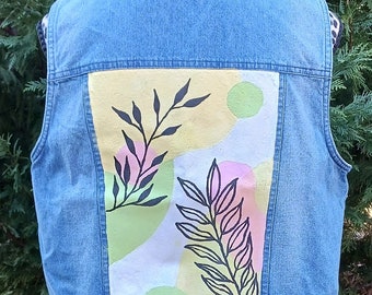 Handpainted Leaf Geometric Design Denim Jean Vest Size Petite XL