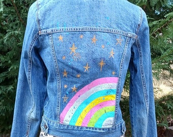 Handpainted Rainbow Stars Denim Jean Jacket