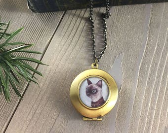 Cat Locket - Theo the Siamese cat painting, cat jewelry necklace, antique locket, kitty pendant necklace