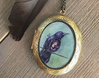 Raven Locket - As the Crow Flies bird painting, Wind-up Bird Necklace, antique style locket