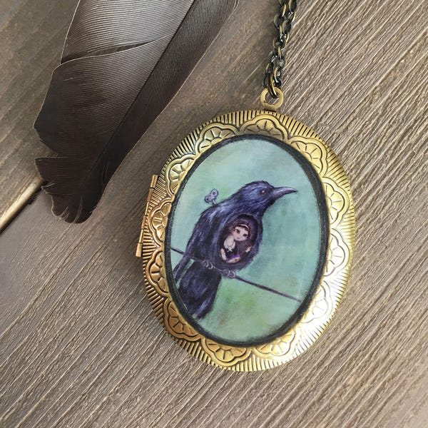 Raven Locket - As the Crow Flies bird painting, Wind-up Bird Necklace, antique style locket
