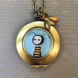 Bee Necklace - Bee Girl Locket by painter Cagey Bee, cute bee charm jewelry, beekeeper gifts to save the bees!
