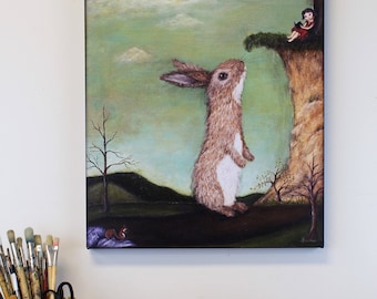 CANVAS PRINT - Beyond the Forest Edge painting - Big wall art print on canvas - 16x20 bunny painting print