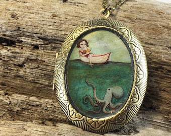 Maggie and the Octopus Locket - vintage style locket necklace, octopus art jewelry