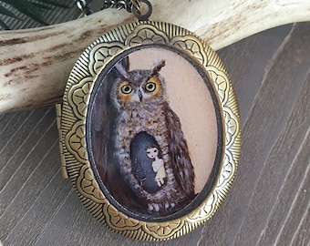 Owl Locket - bird necklace jewelry with owl art pendant