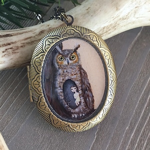 Owl Locket bird necklace jewelry with owl art pendant image 1