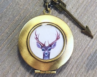 Deer Locket - antler necklace pendant, woodland jewelry with stag buck deer necklace