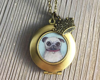 Pug Locket - William the Fawn Pug art pendant necklace, pug gift for dog lovers, pug necklace, pug jewelry