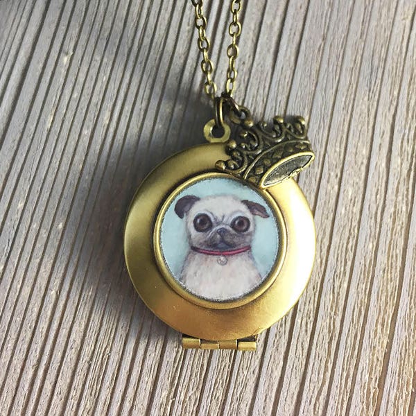 Pug Locket - William le collier pendentif d'art Degau vein, cadeau de carlin pour des amoureux de chien, collier de carlin, bijoux de carlin