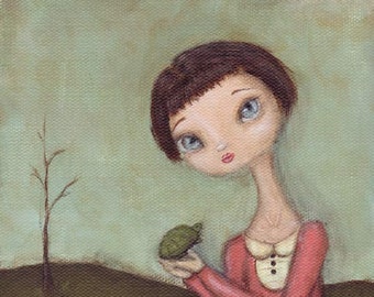 Chloe and Vince - cute art print, big eye girl with turtle wall art painting