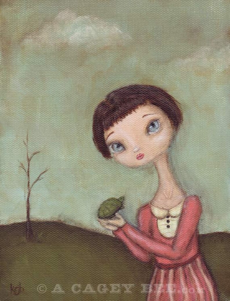 Chloe and Vince cute art print, big eye girl with turtle wall art painting image 1