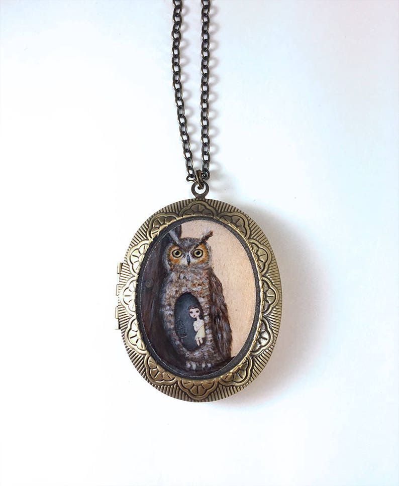 Owl Locket bird necklace jewelry with owl art pendant image 3