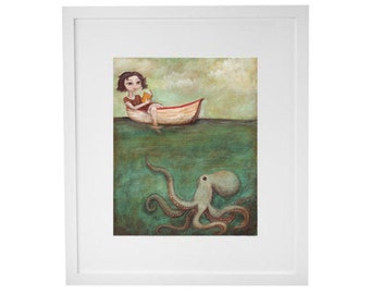 Octopus Art Print - "Maggie et la pieuvre" peinture - cadeaux de rat de bibliothèque pour votre coin lecture ou décor nautique d'art mural de salle de bain