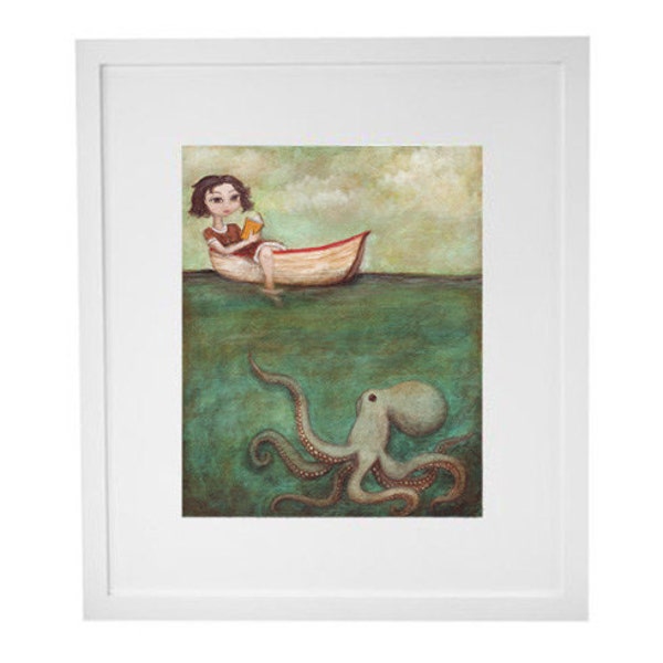 Octopus Art Print - "Maggie and the Octopus" painting - bookworm gifts for your reading nook or bathroom wall art nautical decor