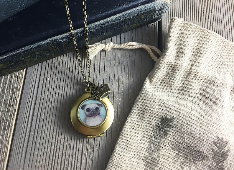 Pug Locket William the Fawn Pug art pendant necklace, pug gift for dog lovers, pug necklace, pug jewelry image 2