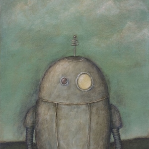 May include: A gray robot with a yellow eye and a red eye, standing against a green background with white clouds. The robot has a small antenna on top of its head and two arms with pipes.