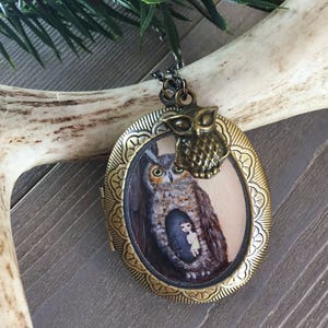 Owl Locket bird necklace jewelry with owl art pendant image 4