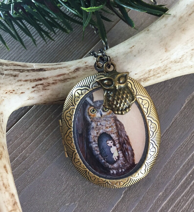 Owl Locket bird necklace jewelry with owl art pendant image 4