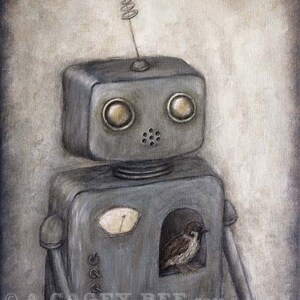 May include: A gray robot with a bird inside. The robot has a round head with two large eyes and a small antenna on top. The bird is brown and white and is looking out of a small window in the robot's chest. The robot has a gauge on its chest and the number 05 on its side.