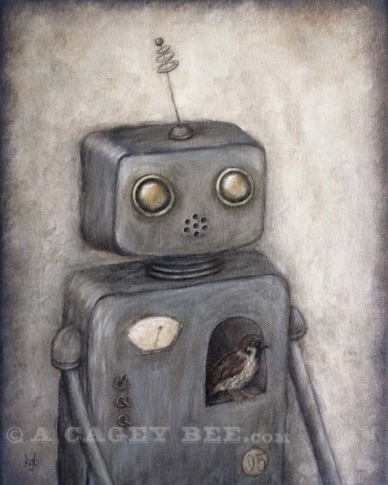May include: A gray robot with a bird inside. The robot has a round head with two large eyes and a small antenna on top. The bird is brown and white and is looking out of a small window in the robot's chest. The robot has a gauge on its chest and the number 05 on its side.