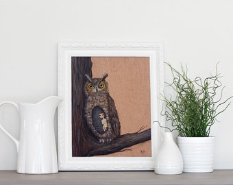 Nesting with the Great Horned Owl - 8x10 Art Print from Original Painting by Kris G. Brownlee