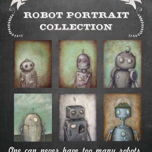 May include: A collection of six robot portraits painted in a whimsical style. Each robot has a unique design and personality. The paintings are framed and ready to hang. The title of the collection is "A Cagey Bee Robot Portrait Collection".