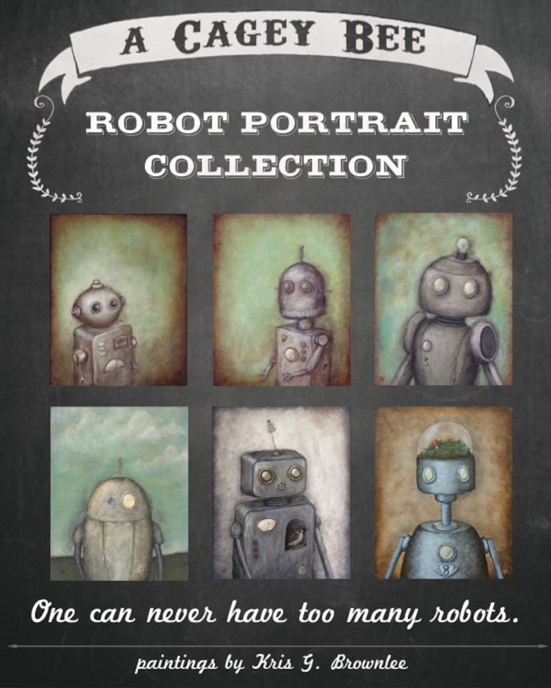 May include: A collection of six robot portraits painted in a whimsical style. Each robot has a unique design and personality. The paintings are framed and ready to hang. The title of the collection is "A Cagey Bee Robot Portrait Collection".