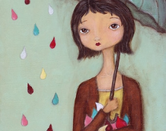 Art print Catching Raindrops - 8x10 print of original painting, umbrella spring wall art