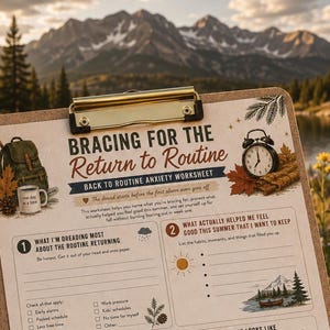 May include: A clipboard holding a Bracing for the Return to Routine worksheet with sections for planning, a Sunday Reset Checklist, and autumn-themed illustrations including a backpack, alarm clock, and leaves, accompanied by a yellow pencil.