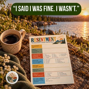 May include: A printed worksheet titled RESENTMENT with the subtitle THE RESENTMENT I HAVEN'T SAID OUT LOUD, featuring sections for reflection, checkboxes, and lines for writing, alongside a speckled ceramic mug filled with dark liquid.