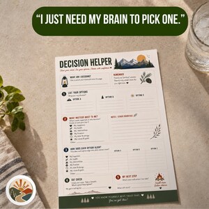 May include: A Decision Helper planning sheet featuring a mountain landscape graphic at the top. The text reads "I JUST NEED MY BRAIN TO PICK ONE." and "DECISION HELPER." The form includes sections for listing options, identifying priorities, aligning choices, and determining next steps.
