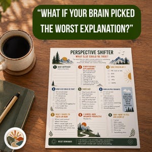 May include: A printed worksheet titled Perspective Shifter with nine numbered sections for self-reflection, featuring mountain and forest illustrations, checkboxes, and text prompts. The document is white with dark green, blue, and orange accents.