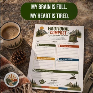 Puede incluir: Una hoja de trabajo impresa titulada Emotional Compost con secciones de reflexión, incluyendo What Am I Carrying, What Can I Let Go Of, What Can I Learn From This, What Do I Want To Grow y What Will Help Me Move Forward, junto a una taza.