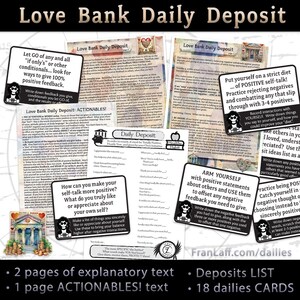 Puede incluir: Un conjunto de 18 tarjetas coloridas con citas motivacionales y consejos para practicar el autodiálogo positivo. Las tarjetas presentan ilustraciones de una mujer con una corona y una mujer con un corazón. Las tarjetas están diseñadas para ayudar a las personas a mejorar su salud mental y su bienestar.