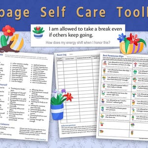 Könnte beinhalten: Ein 3-seitiges Selbstpflege-Toolkit mit dem Text "3-page Self Care Toolkit". Das Toolkit enthält ein Pausenmenü, ein Pausenprotokoll und Ruhegenehmigungen. Der Text "I am allowed to take a break even if others keep going" ist ebenfalls sichtbar.