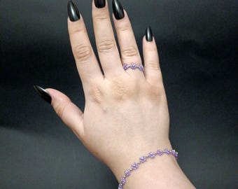 Lila blommor armband och ring set, handgjorda tjeckiska pärlsmycken, justerbart blomsterset, anpassad storlek