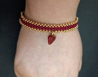 Pulsera de cuentas de fresa - Cristal checo rojo dorado - Ajustable de 16 a 23 cm - Joyería con dije de fruta