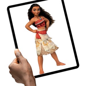 May include: A digital illustration of a character with long dark wavy hair, wearing a red patterned tube top, a red sash, and a layered skirt with a tan fringe hem. The character has a necklace with a blue pendant and stands with hands on hips.