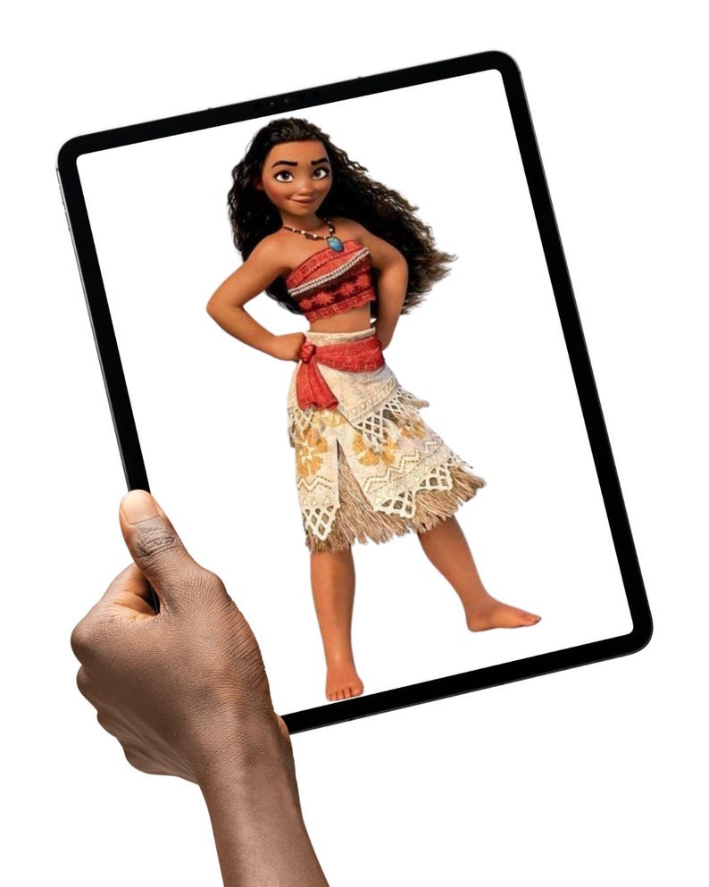 May include: A digital illustration of a character with long dark wavy hair, wearing a red patterned tube top, a red sash, and a layered skirt with a tan fringe hem. The character has a necklace with a blue pendant and stands with hands on hips.