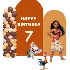 May include: A birthday party backdrop featuring two arch-shaped panels in rust and tan, a column of brown and cream balloons, and the text HAPPY BIRTHDAY 7. The display includes illustrations of a young woman with long dark hair and two animals.