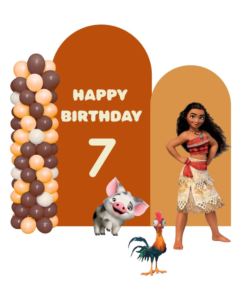 May include: A birthday party backdrop featuring two arch-shaped panels in rust and tan, a column of brown and cream balloons, and the text HAPPY BIRTHDAY 7. The display includes illustrations of a young woman with long dark hair and two animals.