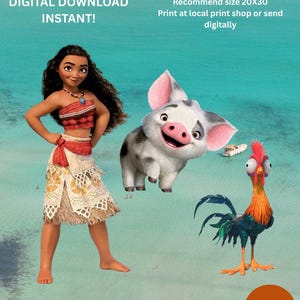 May include: A digital download template featuring Moana, Pua the pig, and Heihei the rooster against a turquoise ocean background. Text includes CANVA DIGITAL DOWNLOAD INSTANT, 2 PAGES, and instructions for a 20x30 inch printable template.