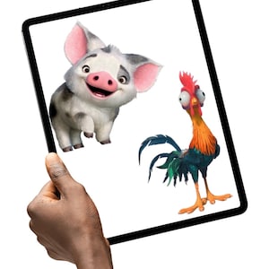 May include: A digital tablet screen displaying a white background with a cartoon piglet featuring pink ears and black spots, alongside a cartoon rooster with orange, green, and blue feathers and large, wide-set eyes on the right side.