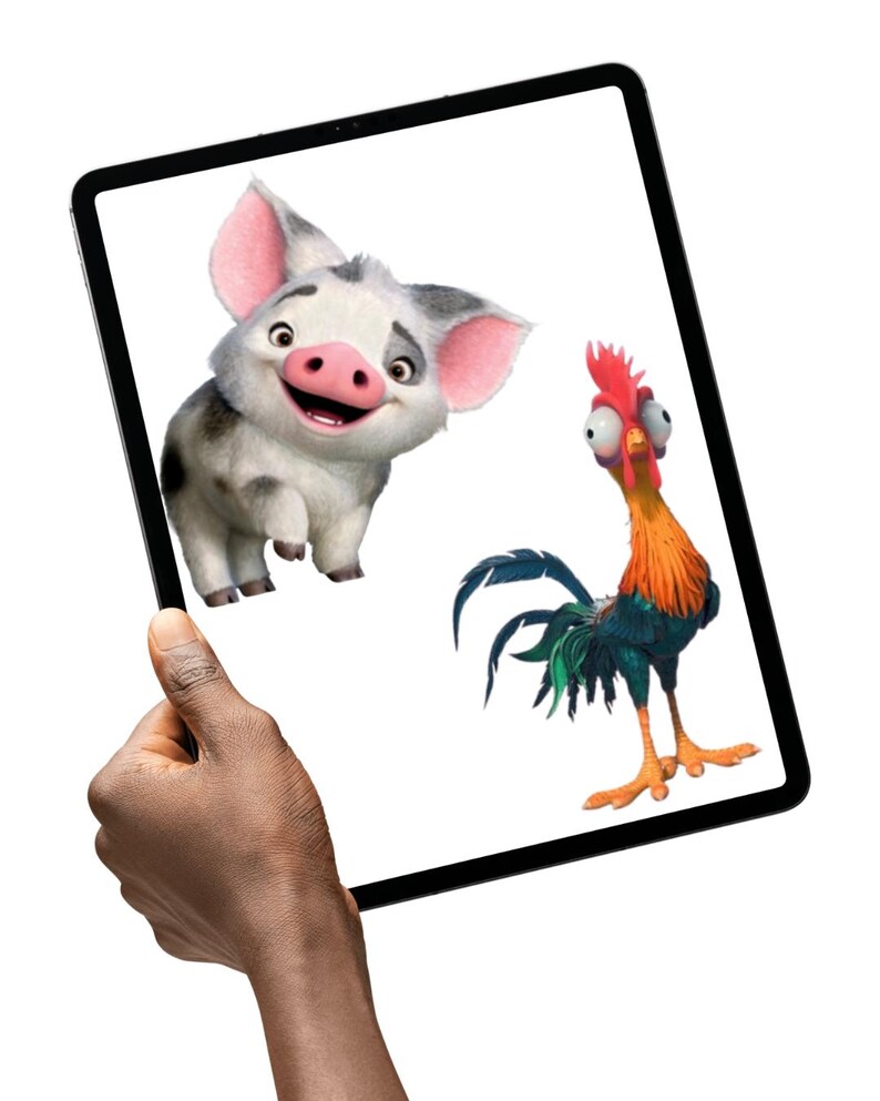 May include: A digital tablet screen displaying a white background with a cartoon piglet featuring pink ears and black spots, alongside a cartoon rooster with orange, green, and blue feathers and large, wide-set eyes on the right side.