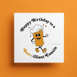 Cartão de aniversário para primo, cartão de felicitações para primo Beer-illiant - Cartão de piada hilariante de desenho animado retrô engraçado para irmãos da família, presente de primo
